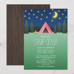 Invitation Tente rose sous le camping d'anniversaire