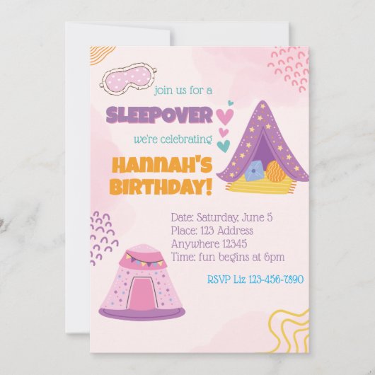 Invitation Tentes de soirée pyjama rose Anniversaire (Devant)