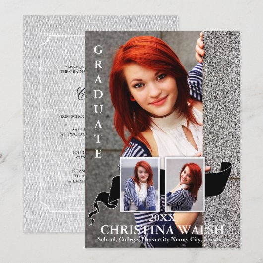 Invitation Tenue 3 Photo Black Ribbon Graduation (Devant / Derrière)