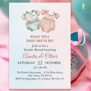 Invitation Tenue de bébé rose bleu capricieux Révélation du s