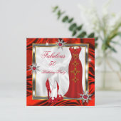 Invitation Tenue de fête fabuleuse, robe rouge, talons argent (Debout devant)
