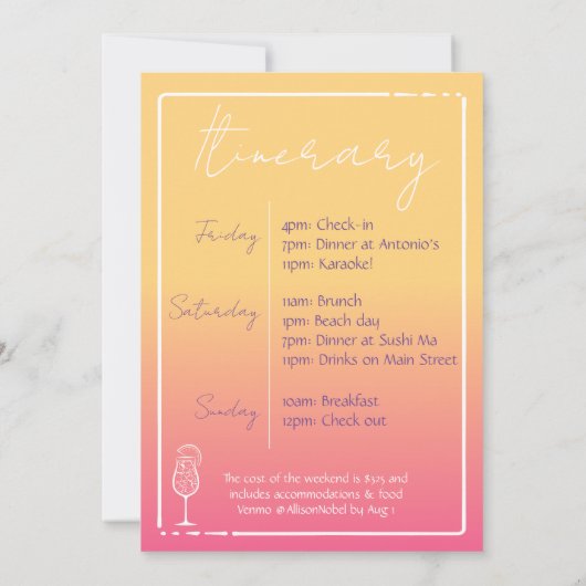 Invitation Tequila Sunrise Bachelorette Week-end Itinéraire (Dos)