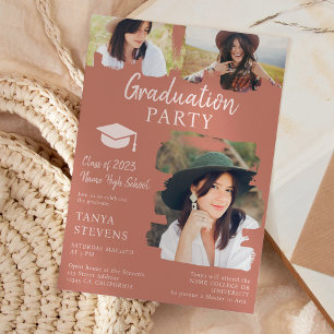 Invitation Teracotta moderne Brushstroke 3 photos graduation
