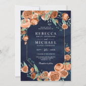 Invitation Terme brûlé Orange Roses Floral Navy Blue Mariage (Devant)