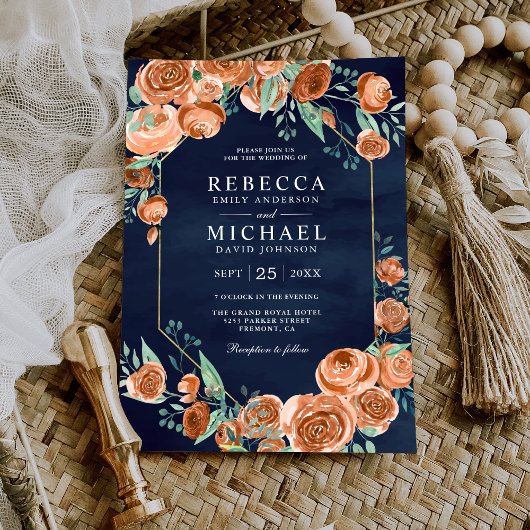 Invitation Terme brûlé Orange Roses Floral Navy Blue Mariage