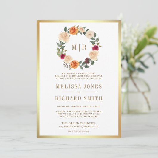 Invitation Terme couronne fleurie tout en un seul Mariage (Debout devant)