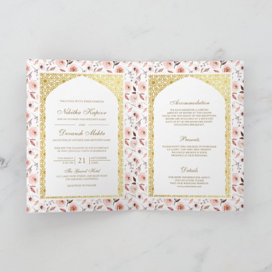 Invitation Terme Floral tout en un Mariage Indien d'or (Intérieur)