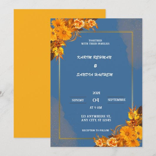 Invitation Terme Orange Roses Floral Marine Mariage bleu (Devant / Derrière)
