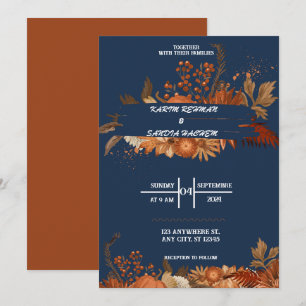 Invitation Terme Orange Roses Floral Marine Mariage bleu