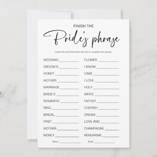 Invitation Terminer Le Jeu De Fête des mariées Phrase Brides (Devant)