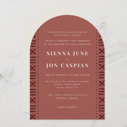 Invitation Terra Cotta Boho Mariage frontalier en tissu boueu (Devant / Derrière)