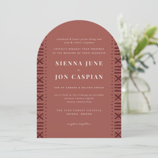 Invitation Terra Cotta Boho Mariage frontalier en tissu boueu (Debout devant)