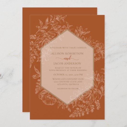 Invitation Terra Cotta Mariage floral géométrique (Devant / Derrière)