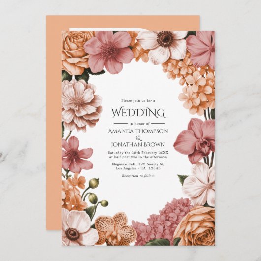 Invitation Terra Peach, Clay Rose & Soft Blush Buff Wedding (Devant / Derrière)
