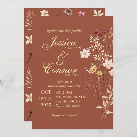 Invitation Terracota Coloré Fleur sauvage Mariage boho (Devant / Derrière)