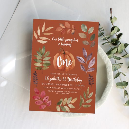 Invitation Terracotta 1er Anniversaire Citrouille, Feuille