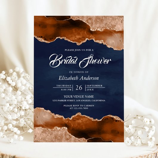 Invitation Terracotta Agate Marble Navy Blue Bridal Shower