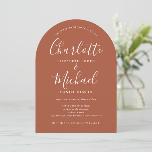 Invitation Terracotta All In One Chic Script Arch Mariage (Debout devant)