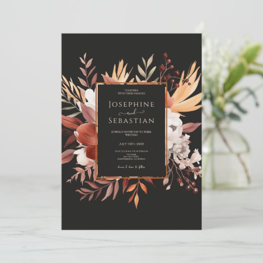 Invitation Terracotta Aquarelle Black Fall Floral Mariage (Debout devant)