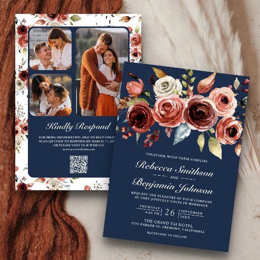 Invitation Terracotta Aquarelle Floral Marine QR Code Mariage