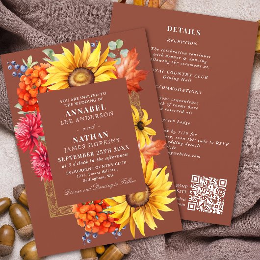 Invitation Terracotta Automne Aquarelle Florale QR Code