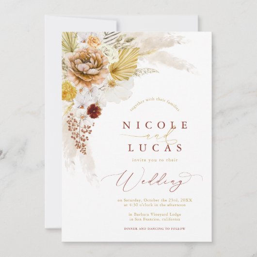 Invitation Terracotta Automne Boho Pampas Mariage en herbe (Devant)