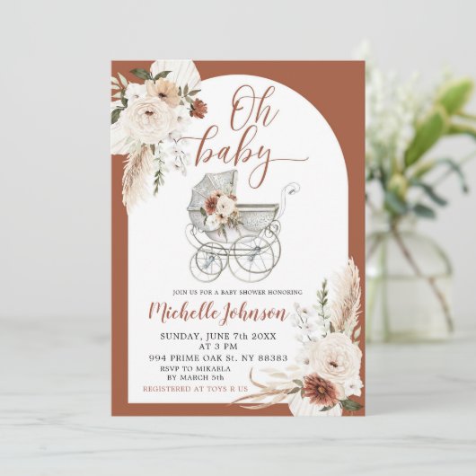 Invitation Terracotta Boho Arch Baby shower à poussettes flor (Debout devant)