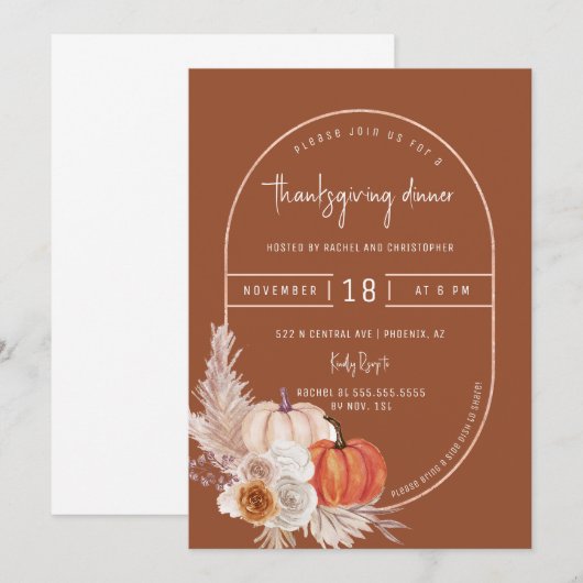 Invitation Terracotta Boho Arch Citrouille Thanksgiving Dîner (Devant / Derrière)