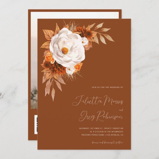 Invitation Terracotta Boho Fall Floral QR Code Photo Mariage (Devant / Derrière)