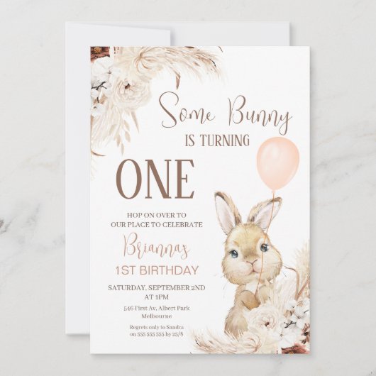 Invitation Terracotta Boho Floral Bunny Balloon 1er anniversa (Devant)