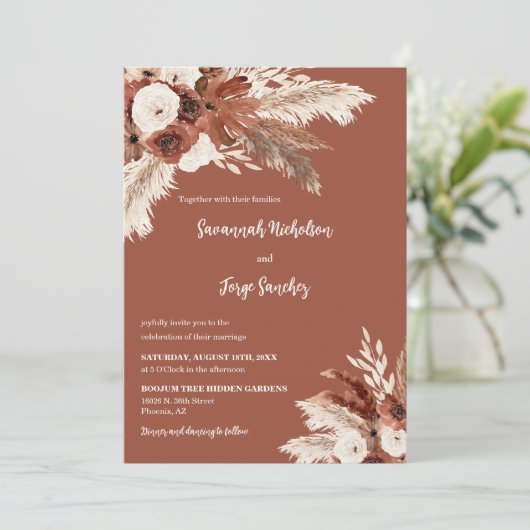 Invitation Terracotta Boho Pampas Arche en herbe Photo QR Cod (Debout devant)