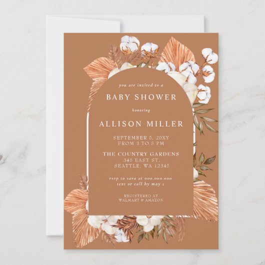 Invitation Terracotta Boho Pampas Baby shower Arché (Devant)