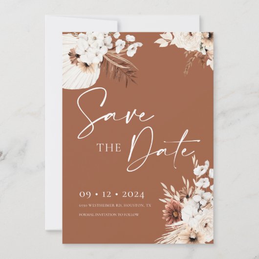 Invitation Terracotta Boho Pampas Enregistrer la date Invitat (Devant)