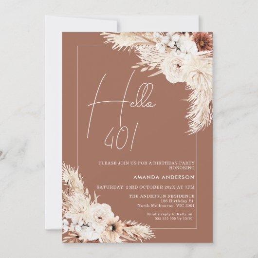 Invitation Terracotta Boho Pampas Grass Bonjour 40e anniversa (Devant)