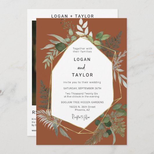 Invitation Terracotta Botanical Greenery Gold QR Code Photo (Devant / Derrière)