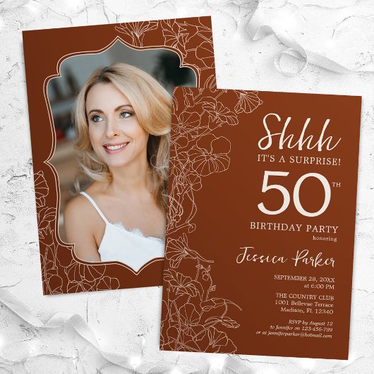 Invitation Terracotta Botanical Photo Surprise 50e anniversai