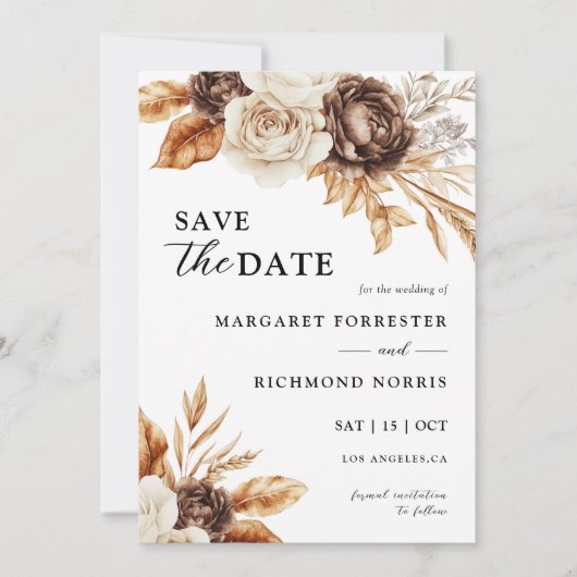 Invitation Terracotta Brown Mariage Floral Enregistrer La Dat (Devant)