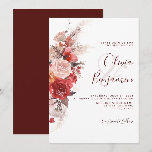 Invitation Terracotta Brûlé Orange Bourgogne Mariage Boho (Devant / Derrière)