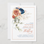 Invitation Terracotta Brûlé Orange Marine Bleu Floral Mariage (Devant)