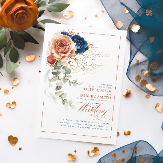 Invitation Terracotta Brûlé Orange Marine Bleu Floral Mariage
