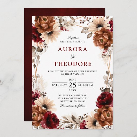 Invitation Terracotta Burgundy Mauve Floral Mariage géométriq (Devant / Derrière)
