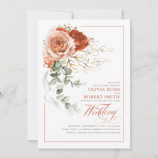 Invitation Terracotta Burnt Orange Fleurs Eucalyptus Mariage (Devant)