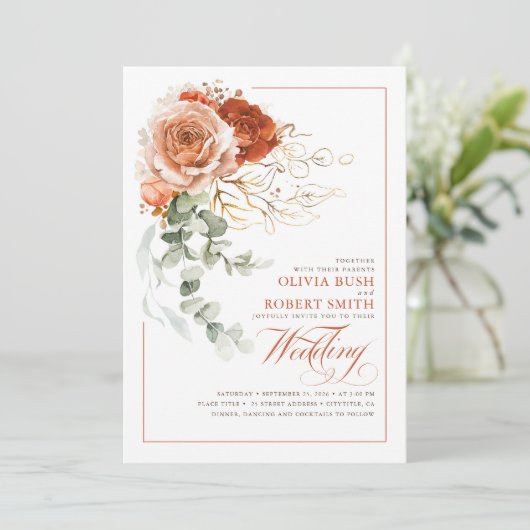 Invitation Terracotta Burnt Orange Fleurs Eucalyptus Mariage (Debout devant)