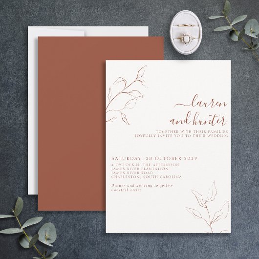 Invitation Terracotta Burnt Orange Script Mariage botanique