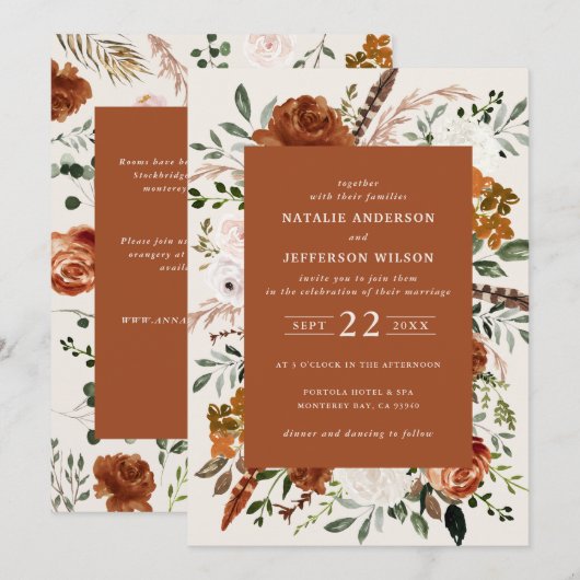 Invitation Terracotta chic floral élégant détails de mariage  (Devant / Derrière)