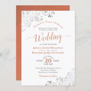 Invitation Terracotta Coral Dentelle d'argent Formel Mariage 