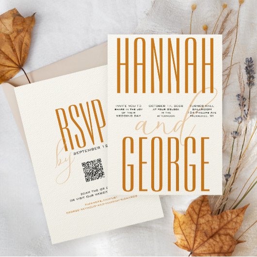 Invitation Terracotta & Ecru Simple QR Mariage de automne