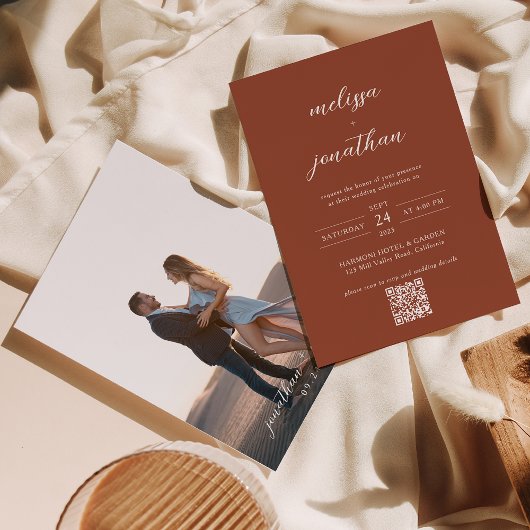 Invitation Terracotta Elegant Photo QR code Rsvp & Mariage