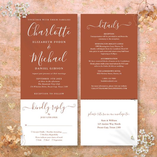Invitation Terracotta Elegant Script Tout en Un Mariage
