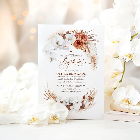 Invitation Terracotta et fleurs blanches Boho Chic Baptism